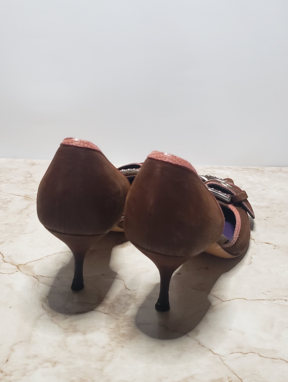 Prada Brown Pointed Kitten Heels with Pink Trim and Buckle Size 36 - Picture 4 of 8
